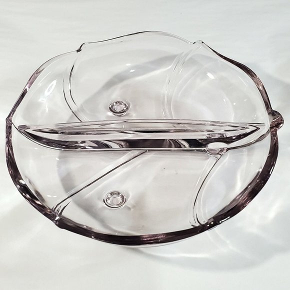 Lilac Pink Glass Round Leaf Divided Relish Dish Candy Bowl scalloped footed 6.5" - Picture 6 of 11